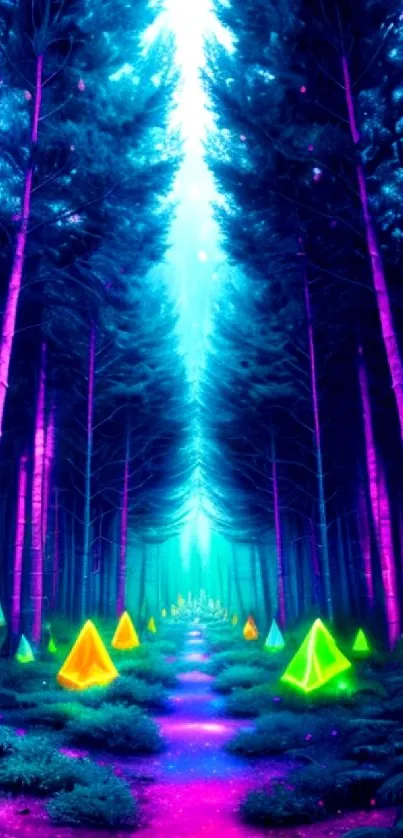 Enchanting neon forest with glowing pyramids and vibrant trees.