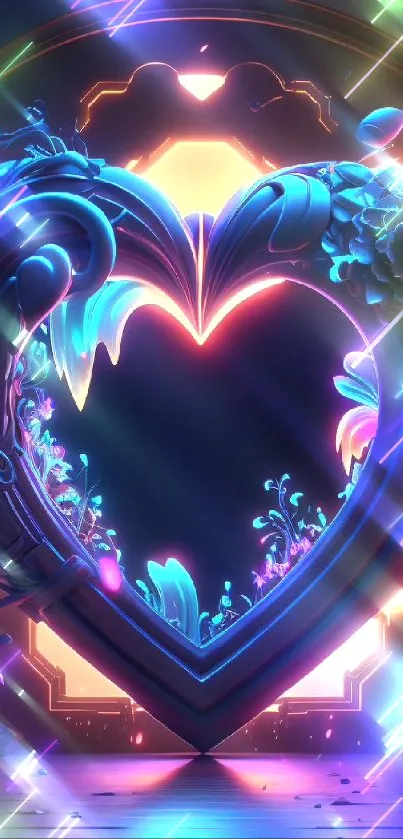 Whimsical neon heart with glowing floral elements and butterflies.