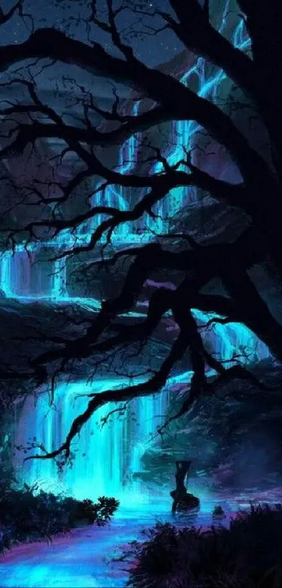 Neon blue waterfall amidst a mystical, serene night landscape in nature.