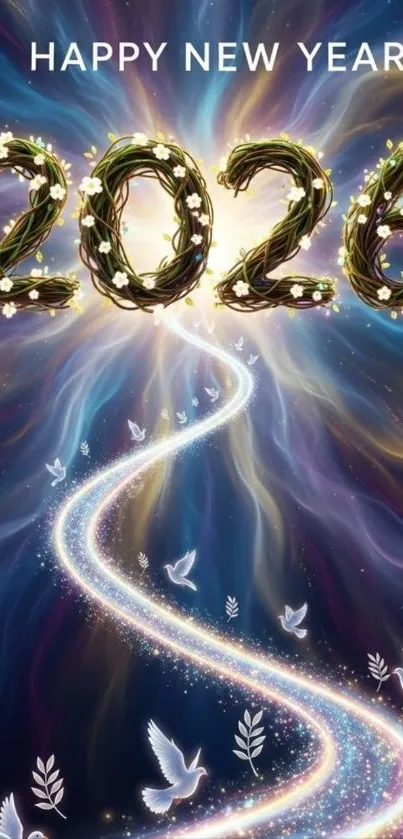 New Year 2026 wallpaper with glowing numbers and doves.