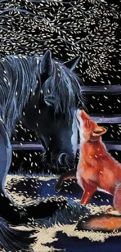 Horse and fox beneath a starry night sky.