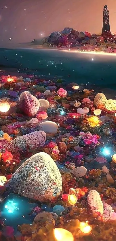 Mystical beach with glowing stones and distant lighthouse at night.