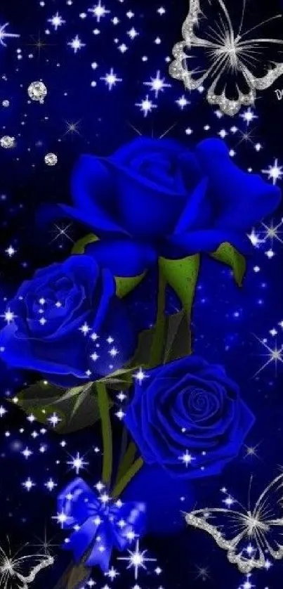 Dark blue roses with butterflies and stars.