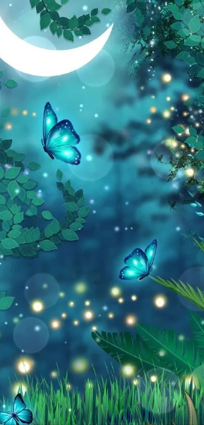 Enchanting night scene with butterflies and moon.