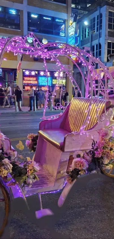 Purple lit carriage on a vibrant city street at night.