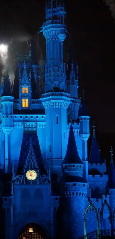 Illuminated blue castle at night wallpaper.