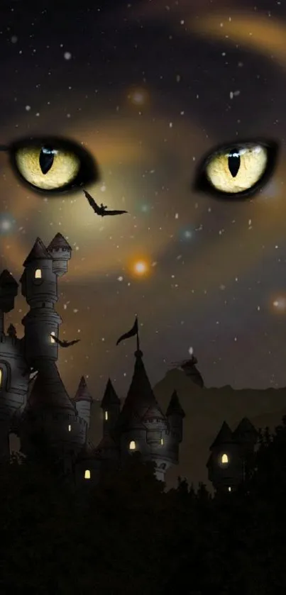 Mystical castle under starry sky with glowing eyes.