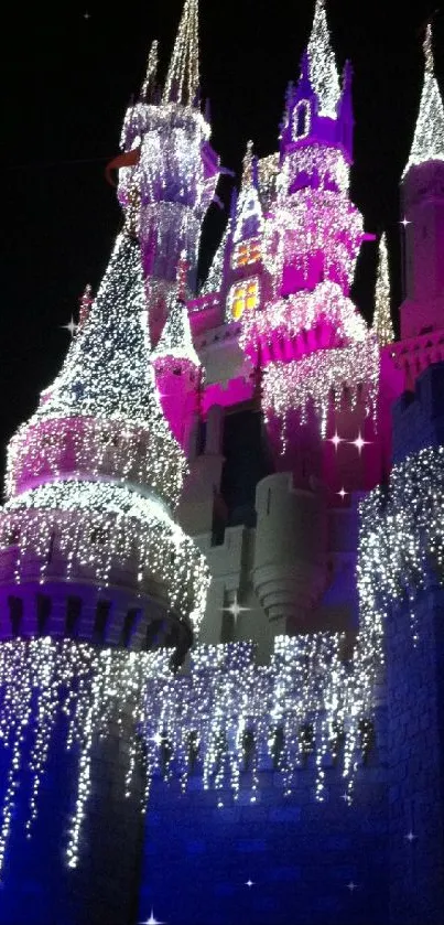 Enchanting castle with twinkling lights against a night sky in pink and blue hues.