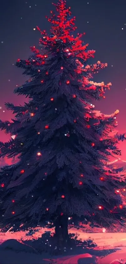 Christmas tree with red lights under a dark purple sky.