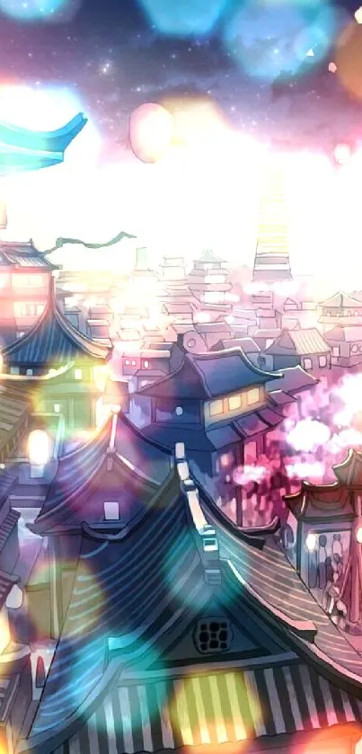 Anime cityscape at dusk with glowing lanterns and a vibrant sky.