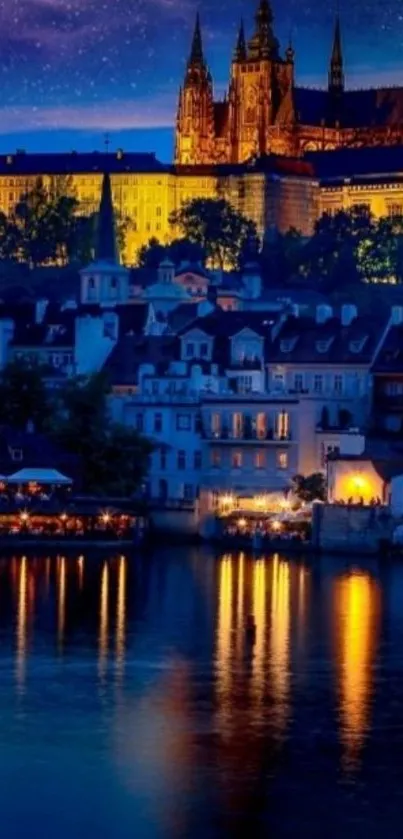 Enchanting cityscape with lit-up castle at night under a starry sky.