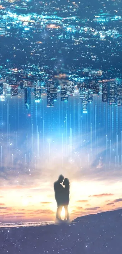 Romantic couple silhouettes under a mystical city nightscape.