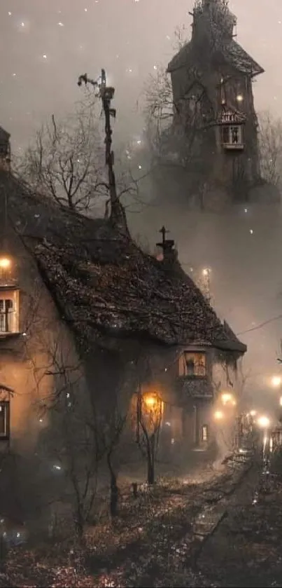 Misty night cottage with glowing lights and gothic charm.