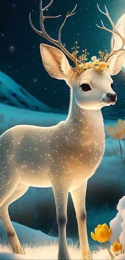 Glowing deer with flowers under a moonlit sky in a serene nature scene.