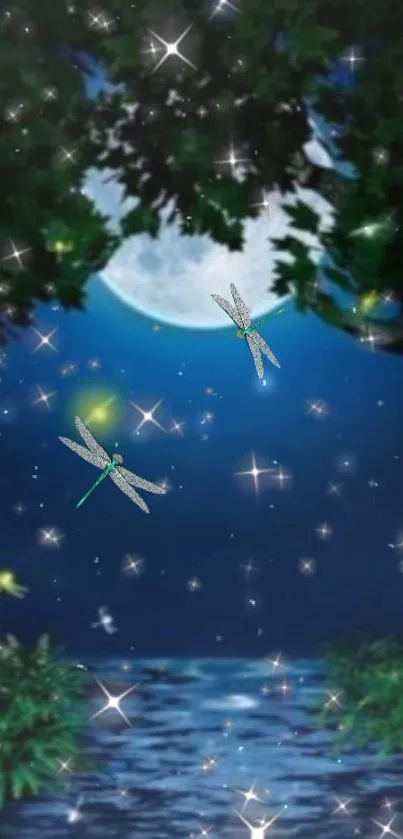 Dragonflies flutter under a starry, moonlit sky over a tranquil pond.