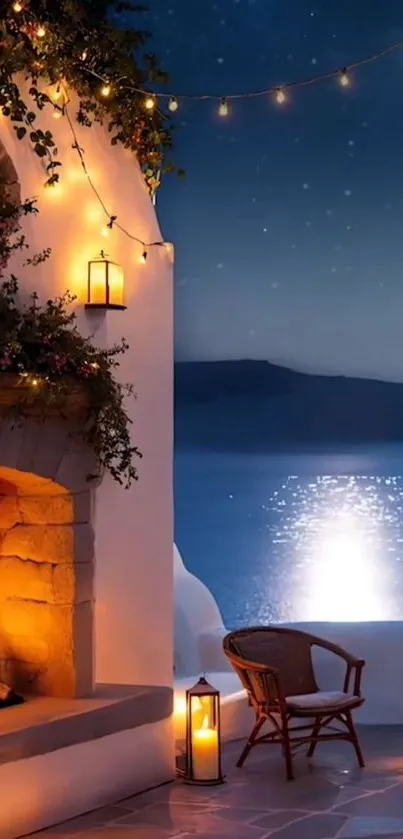 Nighttime outdoor scene with fireplace and lantern glow by the water.