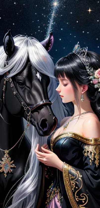 Fantasy art wallpaper with a princess and a black horse under a starry sky.