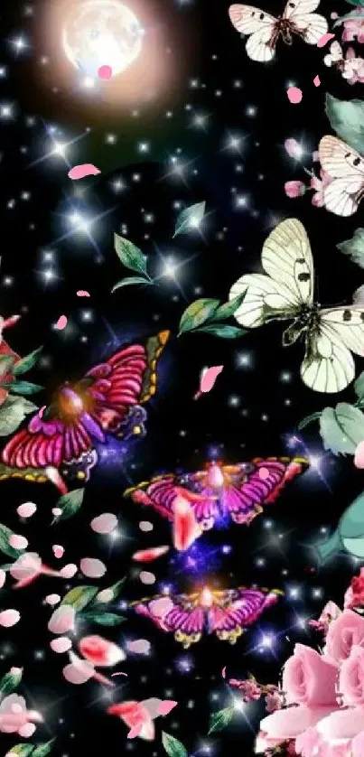 Beautiful wallpaper featuring night sky, butterflies, and flowers.