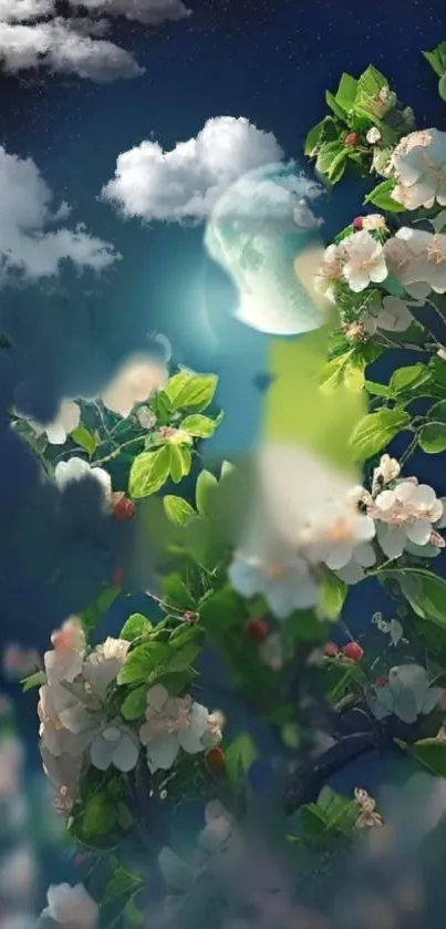 Enchanting wallpaper with flowers, moon, and night sky.