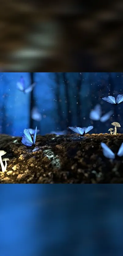 Enchanting forest scene with butterflies and glowing mushrooms at night.