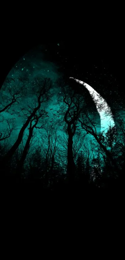 Mystical night forest with teal sky and crescent moon wallpaper.