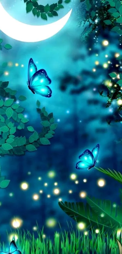 Enchanting night forest with glowing butterflies under a crescent moon.