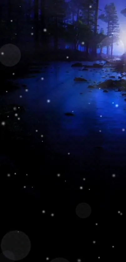 Moonlit forest with river and stars in dark blue hues.