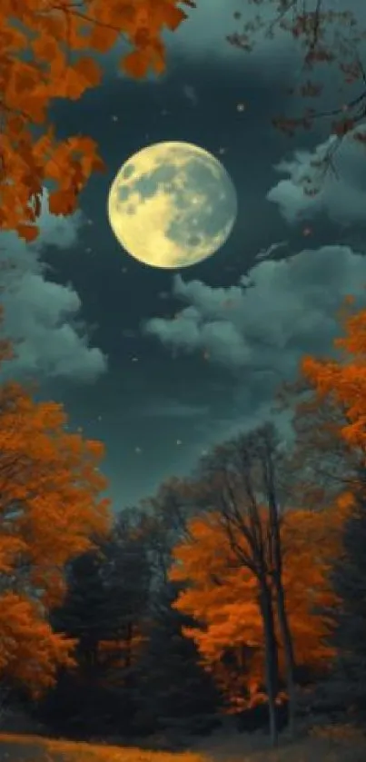 Enchanting forest at night with full moon and orange autumn leaves.