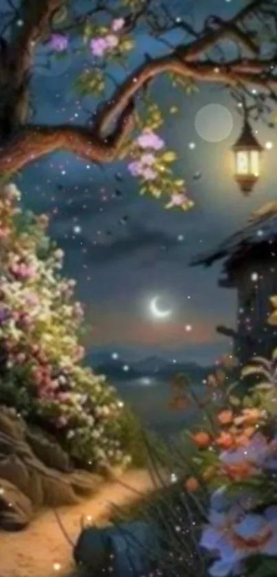 Midnight garden with flowers under a crescent moon and starry sky.