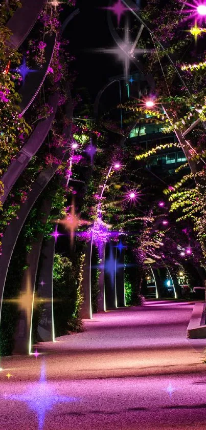 Illuminated garden path at night with purple lighting and lush greenery.