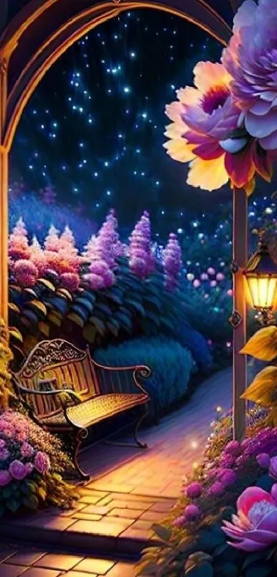 Enchanted garden at night with flowers and lanterns.