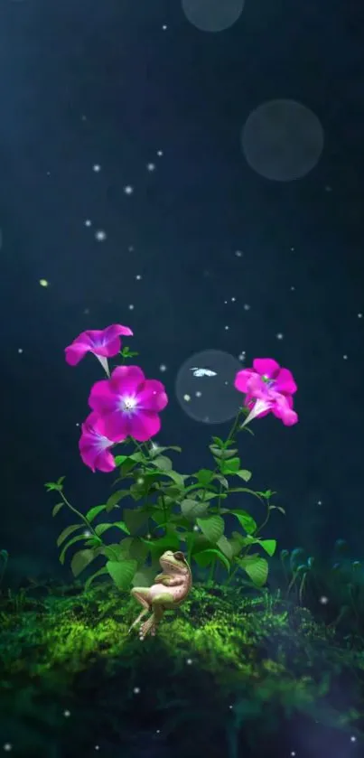 Glowing pink flowers in a dark starry garden with a small frog.