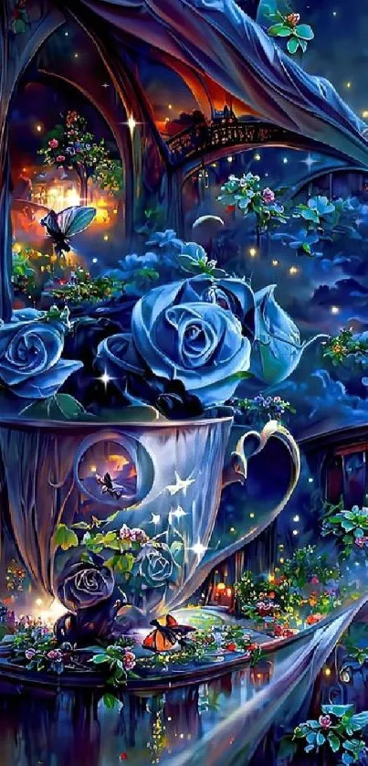 Fantasy night garden with glowing blue roses and magical ambiance.