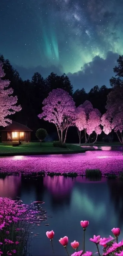 Enchanting landscape with pink trees and tranquil lake under starry sky.