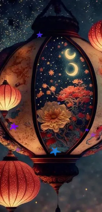 Enchanting lanterns against a starry night sky in artistic wallpaper design.