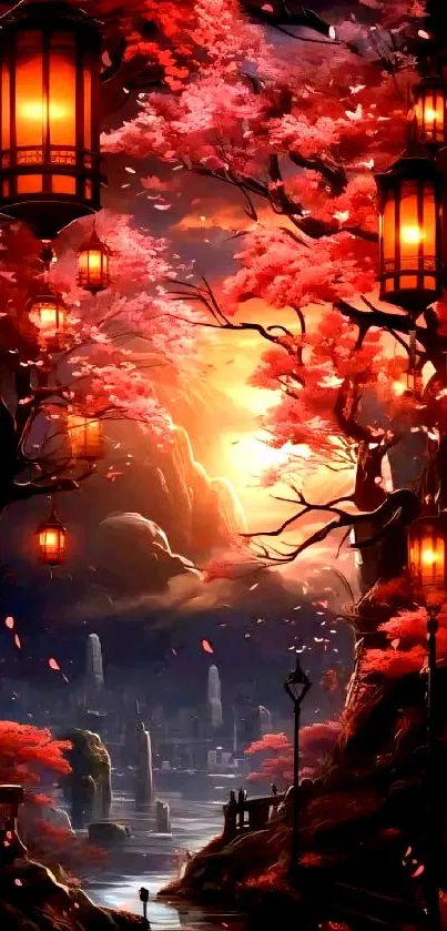 Magical autumn scene with glowing lanterns amidst red foliage.