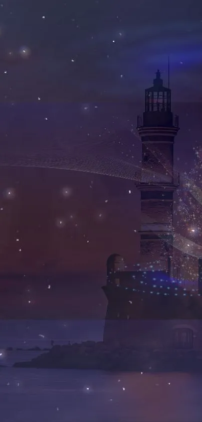 Enchanting lighthouse against a starlit sky with glowing mystical effects.