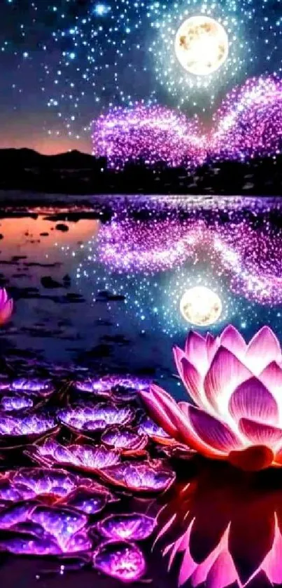 Nighttime lotus flower with starry sky reflection.