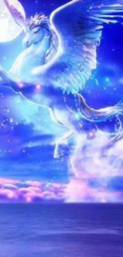 Mystical Pegasus soaring under moonlit sky over ocean.