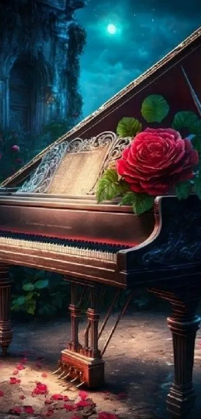 Grand piano with roses under a moonlit night sky, perfect for artistic wallpaper.