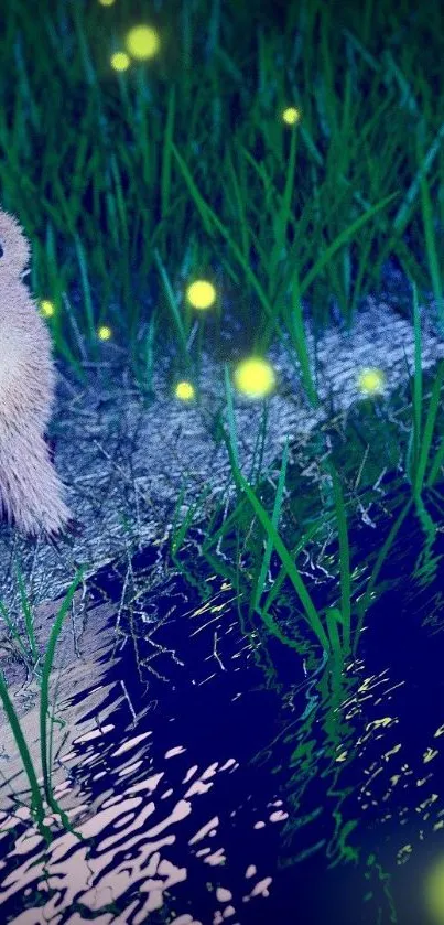 Cute creature by night pond with glowing fireflies and lush green grass.