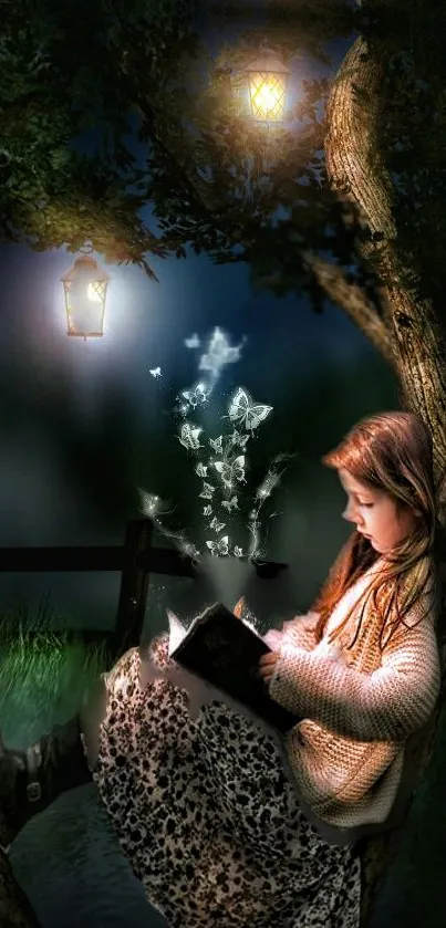 A young girl reading under lanterns in a magical nighttime setting.