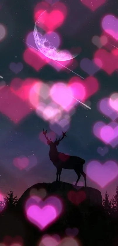 Deer silhouette under starry purple sky with heart-shaped bokeh lights.