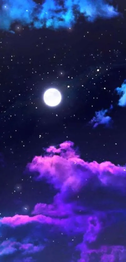 Vibrant night sky with moon and stars.