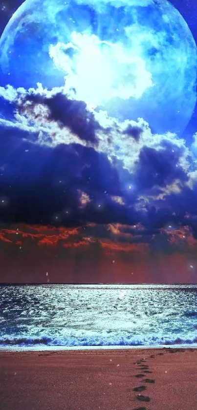 Enchanting beach night sky with a glowing full moon over the ocean.