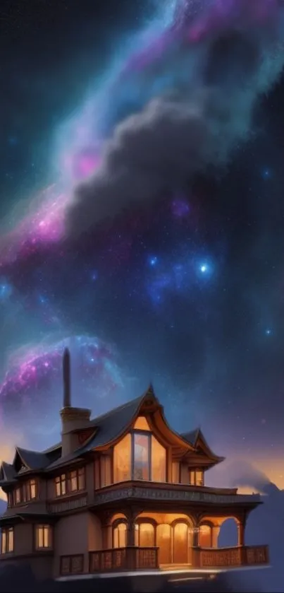 Mystical cottage under a vibrant galaxy sky, perfect for a mobile wallpaper.