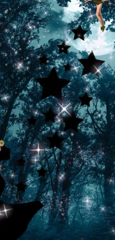 Silhouetted figure and stars in a mystical forest at night.