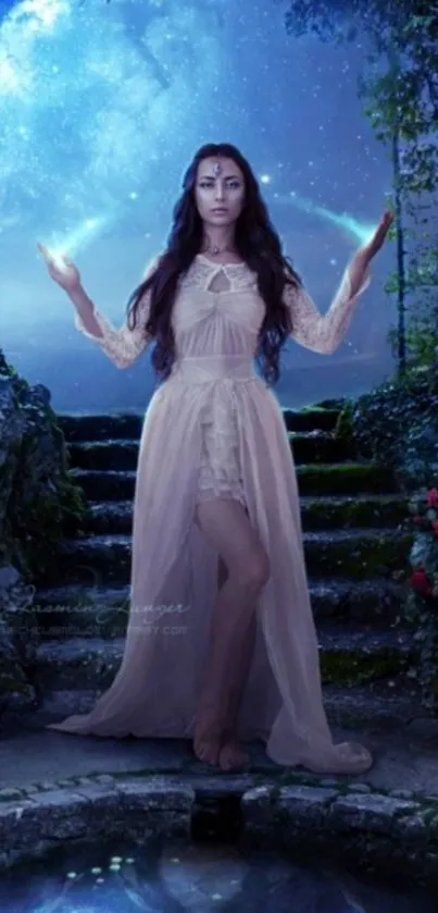 Ethereal woman in a mystical night garden with starry sky backdrop.