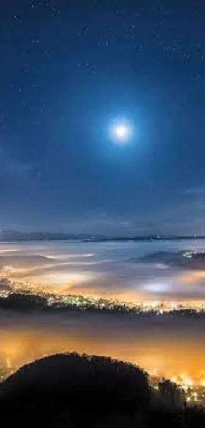 Moonlit night over misty valley with glowing lights and starry sky.