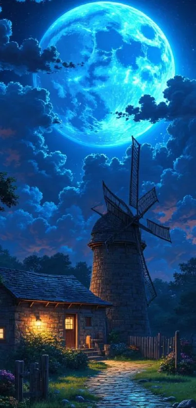 Luminous full moon over a rural windmill and cottage at night.